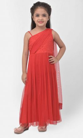 Eavan Girls Red Draped Saree Gown