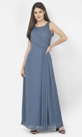 Eavan Blue Embellished Draped Maxi Dress