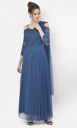 Eavan Teal Blue Self Design Draped Saree Gown