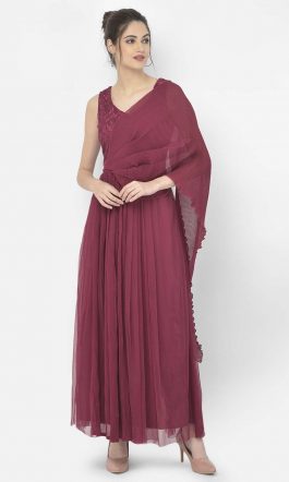 Eavan Burgundy Embroidered Draped Saree Gown