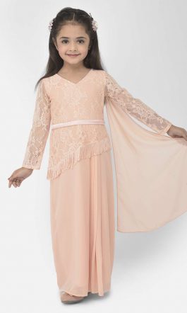 Eavan Girls Peach Self Design Saree Gown