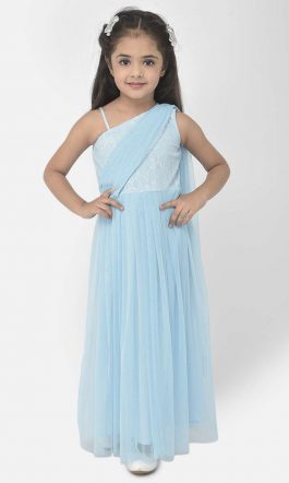 Eavan Girls Turquoise Blue Draped Saree Gown