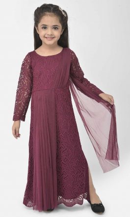 Eavan Girl Burgundy Lace Draped Maxi Dress