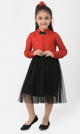 Eavan Girls Red & Black Fit & Flare Dress