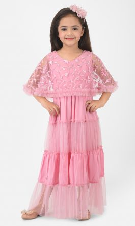 Eavan Girls Pink Embroidered Net Maxi Dress