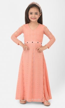Eavan Girl Pink Self Design Lace Maxi Dress