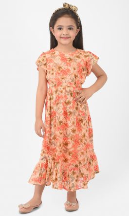 Eavan Girl Coral Self Design Printed Lace Maxi Dress