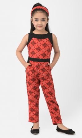 Eavan Girl Red & Black Printed Jumpsuit