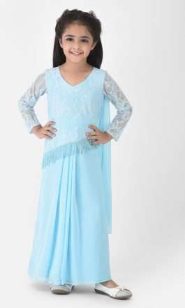 Eavan Girls Turqoise Blue Lace Saree Gown