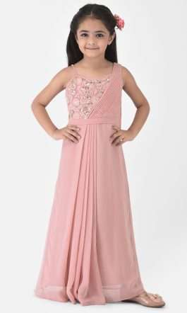 Eavan Girls Pink Embroidered Draped Saree Gown