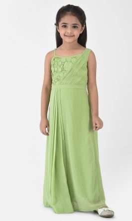 Eavan Girls Green Embroidered Draped Saree Gown