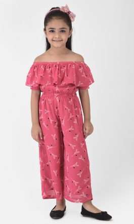 Eavan Girl Pink Off Shoulder Printed Jumpsuit