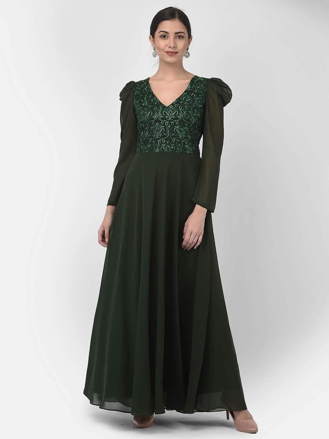 Eavan Dark Green Embroidered Maxi Dress