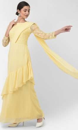 Eavan Yellow Embroidered Draped Maxi Dress