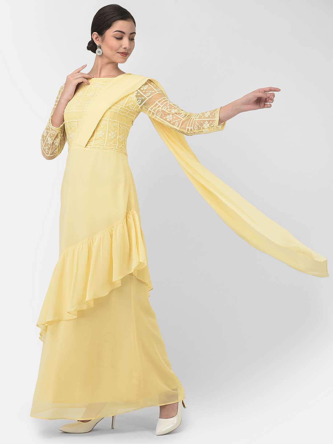 Eavan Yellow Embroidered Draped Maxi Dress
